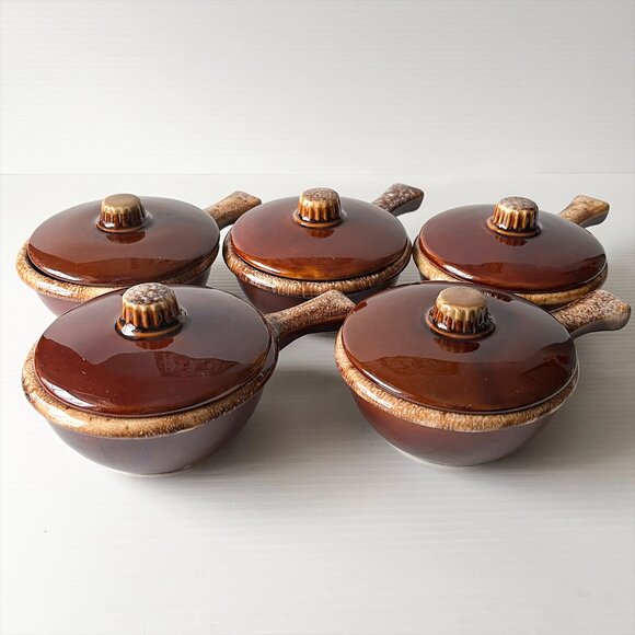 Vintage Hull Oven Proof USA Brown Drip Glaze Soup Bowls Crocks & Lids Set of 5 - Picture 1 of 5